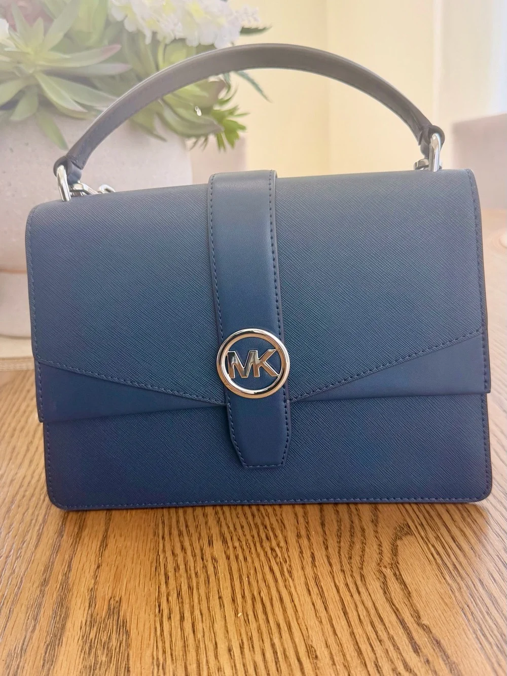 Michael Kors Navy Leather Top-Handle Satchel with MK Logo